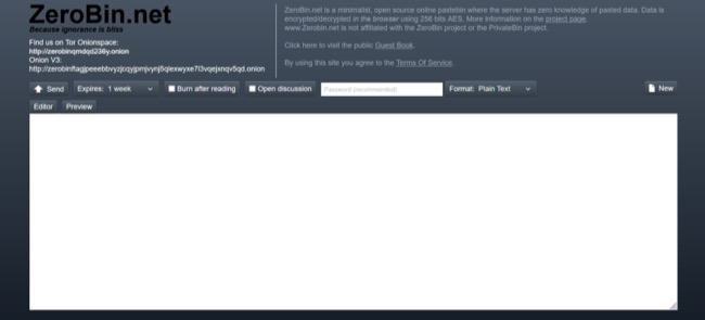 afbeelding van ZeroBin-homepage