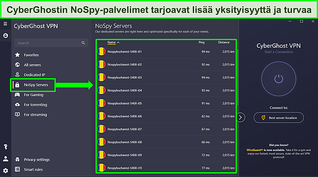 N&auml;ytt&ouml;kaappaus CyberGhostin Windows-sovelluksesta, jossa n&auml;kyy NoSpy-palvelinluettelo.