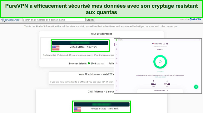 Capture d'&eacute;cran de PureVPN connect&eacute; &agrave; un serveur am&eacute;ricain, avec les r&eacute;sultats d'un test IPLeak ne montrant aucune fuite de donn&eacute;es.