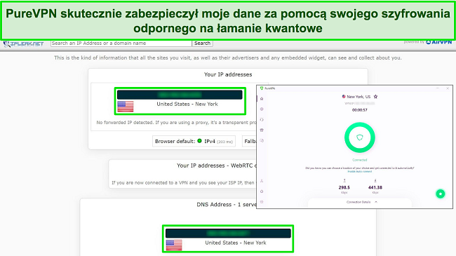 Zrzut ekranu przedstawiający połączenie PureVPN z serwerem w USA, z wynikami testu IPLeak, kt&oacute;re nie wykazały żadnych wyciek&oacute;w danych.