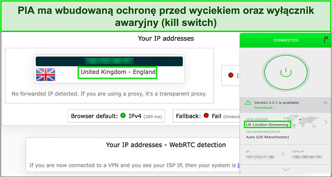 Obraz testu szczelności pokazujący, że PIA skutecznie ukrywa oryginalny adres IP użytkownika