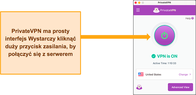 Obraz interfejsu PrivateVPN podczas połączenia z serwerem