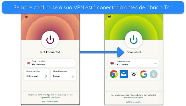 Imagens do aplicativo ExpressVPN para Windows, mostrando a diferen&ccedil;a entre o aplicativo quando desconectado e conectado