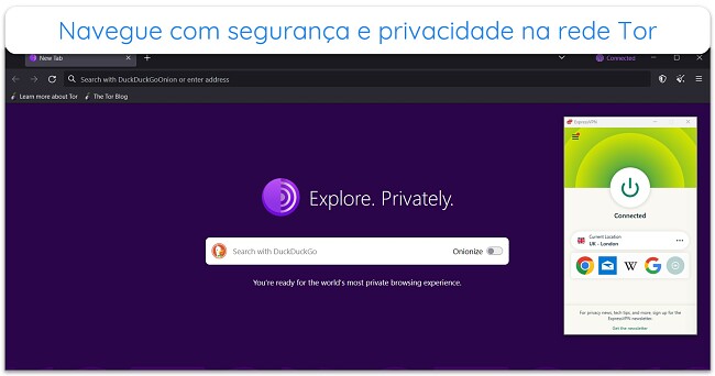 Imagem do navegador Tor conectado &agrave; rede Tor, com ExpressVPN conectado a um servidor Reino Unido-Londres