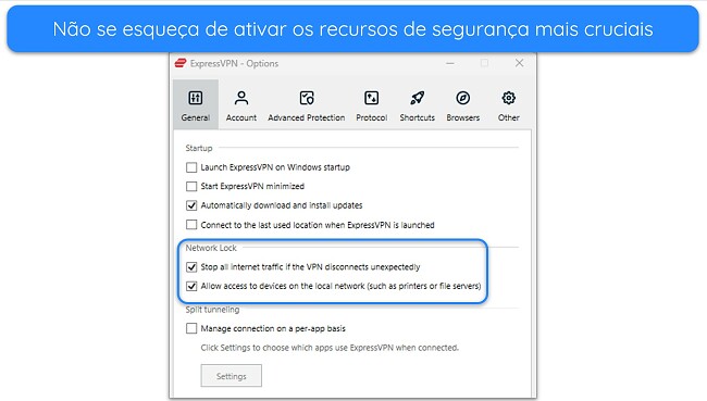 Imagem do aplicativo ExpressVPN para Windows, mostrando as op&ccedil;&otilde;es de bloqueio de rede ativadas