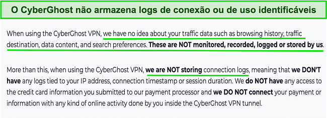 Captura de tela da pol&iacute;tica de privacidade do CyberGhost VPN