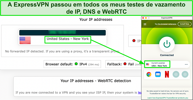 Imagem do teste de vazamento mostrando que a ExpressVPN oculta com sucesso o endere&ccedil;o IP original do usu&aacute;rio