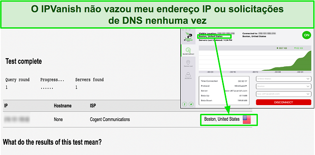 Imagem do teste de vazamento mostrando que o IPVanish oculta com sucesso o endere&ccedil;o IP original do usu&aacute;rio
