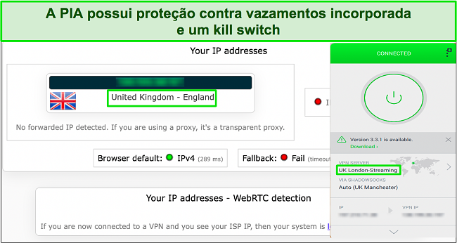 Imagem do teste de vazamento mostrando que o PIA oculta com sucesso o endere&ccedil;o IP original do usu&aacute;rio