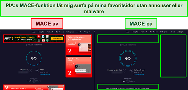 Sk&auml;rmdumpar av Ookla, med PIA:s MACE avst&auml;ngd och p&aring;slagen, som visar hur m&aring;nga annonser den effektivt blockerar.