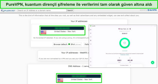 Bir ABD sunucusuna bağlı PureVPN'in ekran g&ouml;r&uuml;nt&uuml;s&uuml;, IPLeak testinin sonu&ccedil;ları veri sızıntısı g&ouml;stermiyor.