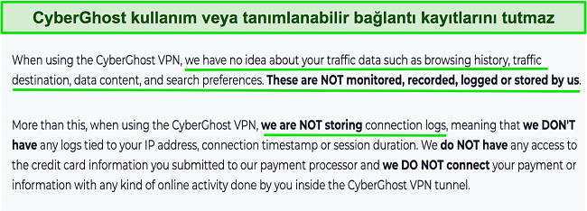 CyberGhost VPN'in gizlilik politikasının ekran g&ouml;r&uuml;nt&uuml;s&uuml;