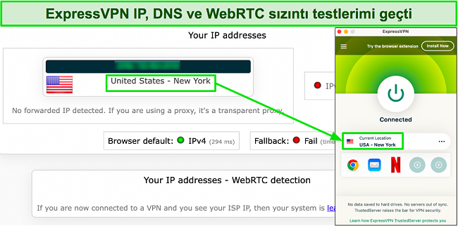 ExpressVPN'in kullanıcının orijinal IP adresini başarıyla gizlediğini g&ouml;steren sızıntı testinin g&ouml;r&uuml;nt&uuml;s&uuml;