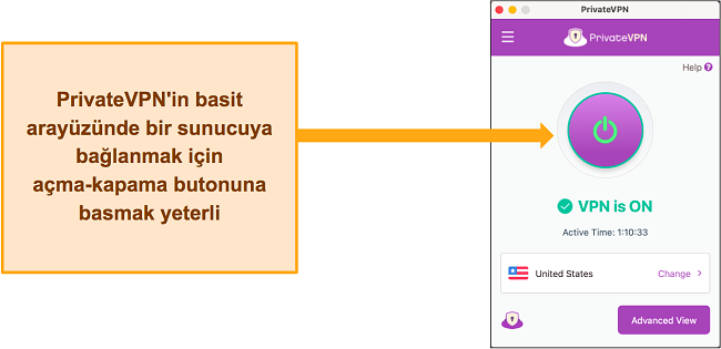 Bir sunucuya bağlıyken PrivateVPN aray&uuml;z&uuml;n&uuml;n g&ouml;r&uuml;nt&uuml;s&uuml;