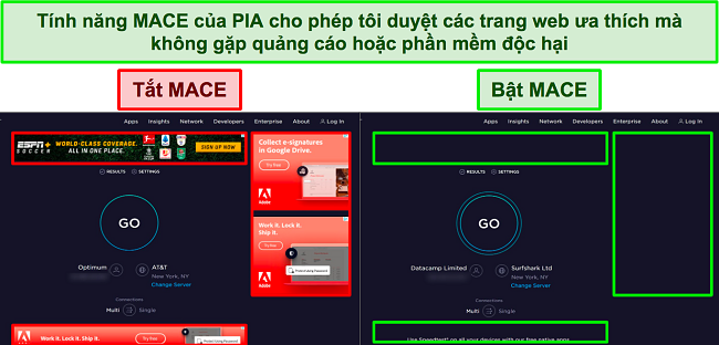 Ảnh chụp m&agrave;n h&igrave;nh của Ookla, với MACE của PIA được tắt v&agrave; bật, cho biết c&oacute; bao nhi&ecirc;u quảng c&aacute;o m&agrave; n&oacute; chặn hiệu quả.