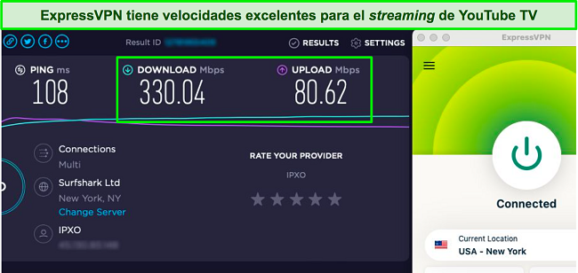 Captura de pantalla de una prueba de velocidad junto con la aplicaci&oacute;n ExpressVPN