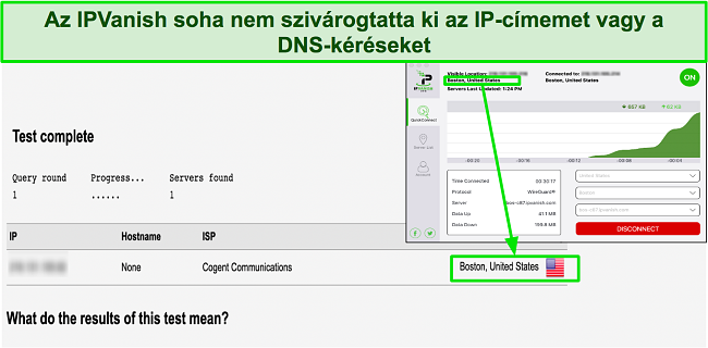 A szivárgásteszt képe, amely azt mutatja, hogy az IPVanish sikeresen elrejti a felhasználó eredeti IP-címét