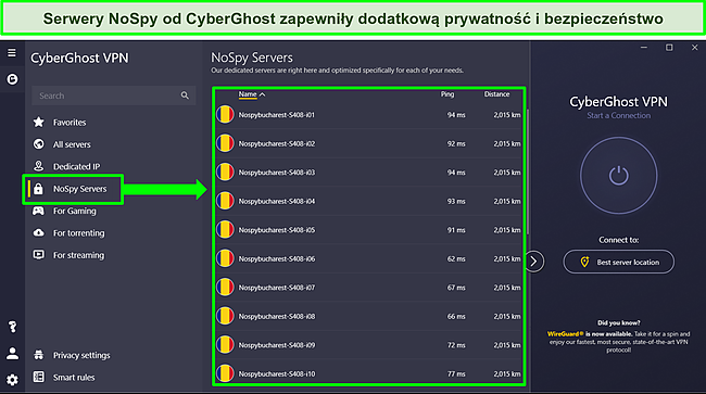 Zrzut ekranu aplikacji CyberGhost Windows pokazujący listę serwer&oacute;w NoSpy.