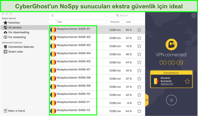 Ekran G&ouml;r&uuml;nt&uuml;s&uuml; CyberGhost VPN aray&uuml;z&uuml;, NoSpy sunucularını g&ouml;steriyor