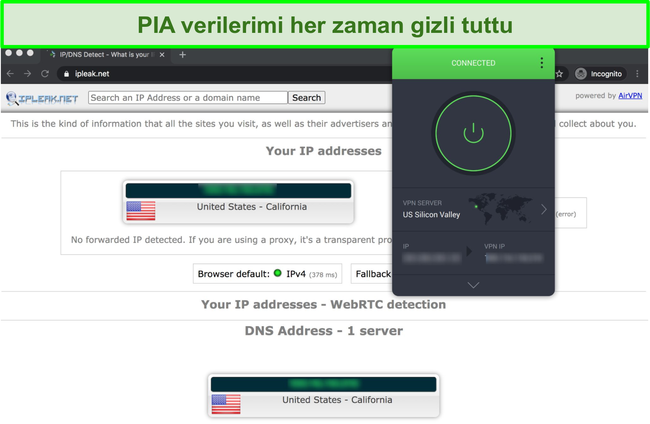 PIA'nın IP, DNS ve WebRTC sızıntı testlerini ge&ccedil;tiğini g&ouml;steren ekran g&ouml;r&uuml;nt&uuml;s&uuml;