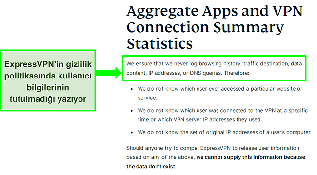 ExpressVPN'in gizlilik politikasının ekran g&ouml;r&uuml;nt&uuml;s&uuml;.