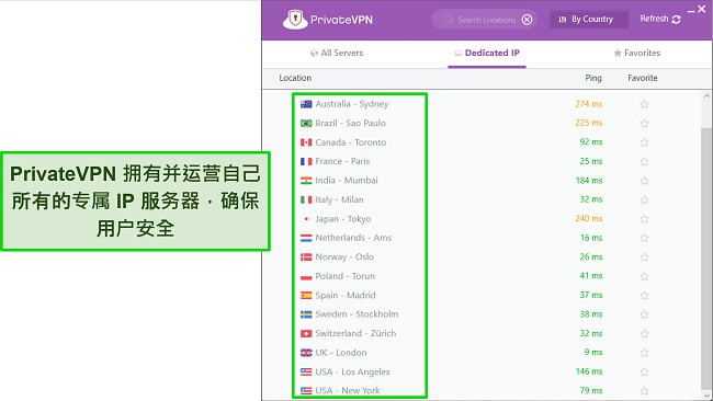 PrivateVPN 的 Windows 应用程序的屏幕截图，突出显示&ldquo;专用 IP&rdquo;菜单以显示该服务拥有和操作的选项。