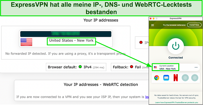 Bild des Lecktests, der zeigt, dass ExpressVPN die urspr&uuml;ngliche IP-Adresse des Benutzers erfolgreich verbirgt