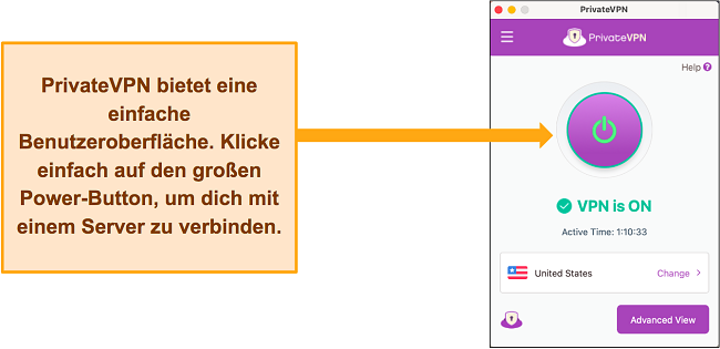 Bild der Benutzeroberfl&auml;che von PrivateVPN, w&auml;hrend es mit einem Server verbunden ist