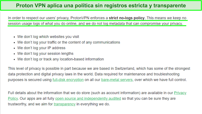 Captura de pantalla de una declaraci&oacute;n de privacidad de Proton VPN sobre sus pr&aacute;cticas de registro
