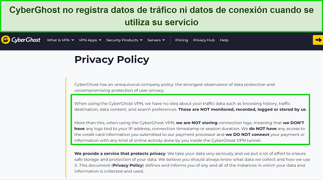 Captura de pantalla de la pol&iacute;tica de privacidad de CyberGhost.