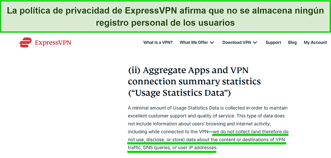 Captura de pantalla de la pol&iacute;tica de privacidad de ExpressVPN con respecto a los datos del usuario.