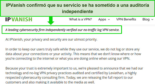 Captura de pantalla del sitio web de IPVanish que detalla su reciente auditor&iacute;a independiente.