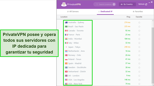 Captura de pantalla de la aplicaci&oacute;n de Windows de PrivateVPN, resaltando el men&uacute; de IP dedicada para mostrar las opciones que posee y opera el servicio.