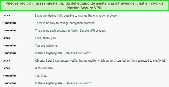 Captura de pantalla de una conversaci&oacute;n de chat en vivo con el soporte de Norton Secure VPN