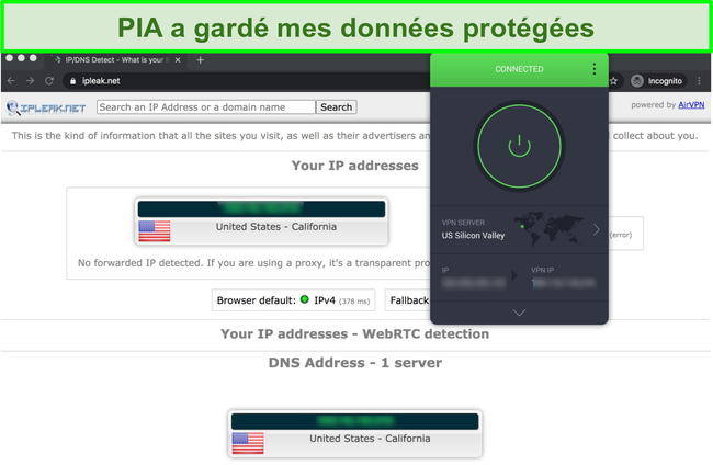 Capture d'&eacute;cran montrant que PIA a r&eacute;ussi les tests de fuite IP, DNS et WebRTC