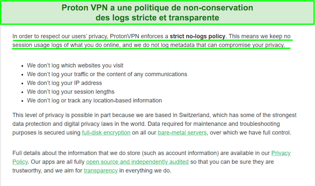 Capture d'&eacute;cran d'une d&eacute;claration de confidentialit&eacute; de Proton VPN sur ses pratiques de journalisation