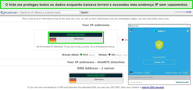 Captura de tela dos resultados do teste de vazamento de IP mostrando nenhum vazamento com o hide.me conectado a um servidor alem&atilde;o.