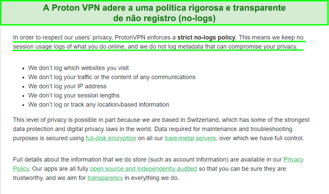 Captura de tela de uma declara&ccedil;&atilde;o de privacidade da Proton VPN sobre suas pr&aacute;ticas de registro