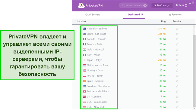 Снимок экрана приложения PrivateVPN для Windows с выделением меню "Выделенный IP", чтобы показать параметры, принадлежащие службе и управляемые ею.