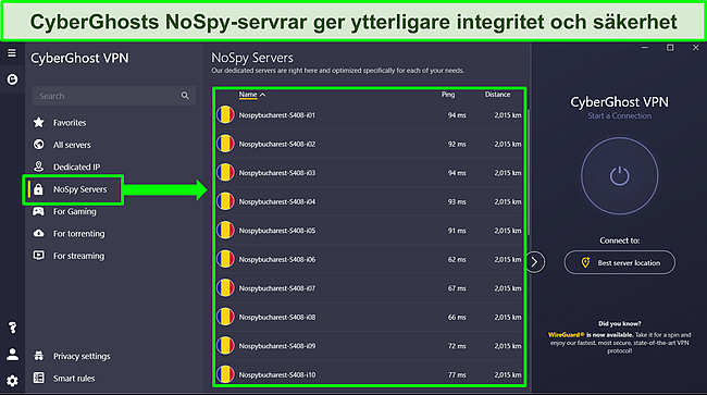 Sk&auml;rmdump av CyberGhosts Windows-app som visar NoSpy-serverlistan.
