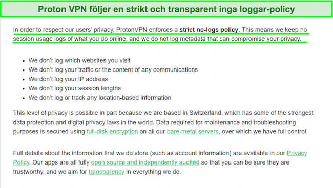 Sk&auml;rmdump av ett sekretessmeddelande fr&aring;n Proton VPN om dess loggningsmetoder