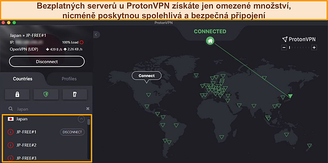 Sn&iacute;mek obrazovky Proton VPN připojen&eacute;ho k bezplatn&eacute;mu serveru v Japonsku.