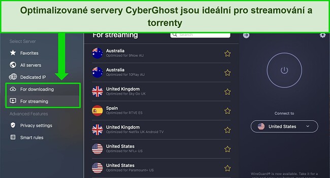 Obr&aacute;zek aplikace CyberGhost pro Mac, zobrazuj&iacute;c&iacute; optimalizovan&eacute; servery pro streamov&aacute;n&iacute; a um&iacute;stěn&iacute; nab&iacute;dek optimalizovan&eacute;ho serveru.