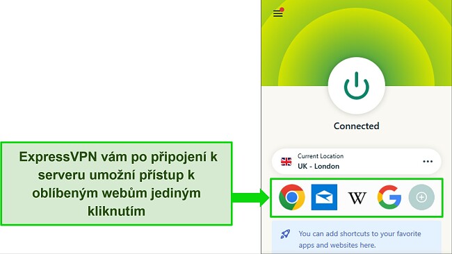 Sn&iacute;mek obrazovky aplikace ExpressVPN připojen&eacute; k britsk&eacute;mu serveru, kter&yacute; ukazuje možnosti zkratek.
