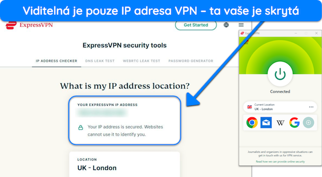 Sn&iacute;mek obrazovky n&aacute;stroje Kontrola IP adresy ExpressVPN, kter&yacute; ukazuje, že ExpressVPN skr&yacute;v&aacute; skutečnou IP a nahrazuje ji serverem ze Spojen&eacute;ho kr&aacute;lovstv&iacute; &ndash; Lond&yacute;na.