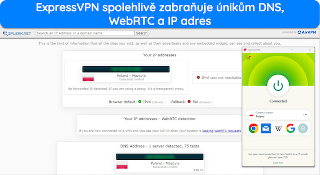 Obr&aacute;zek v&yacute;sledků testu těsnosti s ExpressVPN připojen&yacute;m k polsk&eacute;mu serveru.