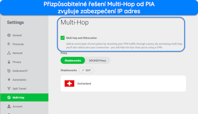 Sn&iacute;mek obrazovky aplikace PIA pro Windows se zv&yacute;razněn&iacute;m funkce Multi-Hop.