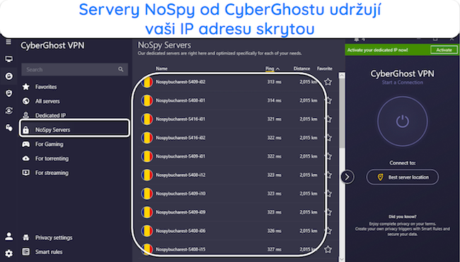 Sn&iacute;mek obrazovky serverů NoSpy CyberGhost v aplikaci Windows.