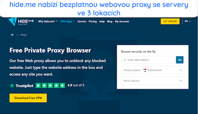 Sn&iacute;mek obrazovky bezplatn&eacute; webov&eacute; str&aacute;nky proxy prohl&iacute;žeče hide.me.