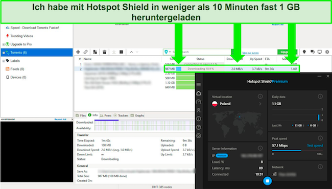 Der kostenpflichtige Plan von Hotspot Shield bot viel bessere Geschwindigkeiten f&uuml;r das Torrenting als die kostenlose Alternative